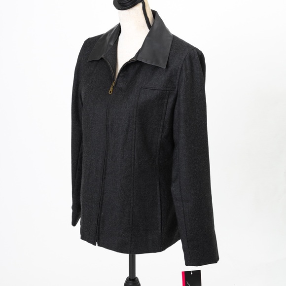 Sandro 100% wool black charcoal zipper front jacket with faux leather collar 10 - Picture 3 of 14